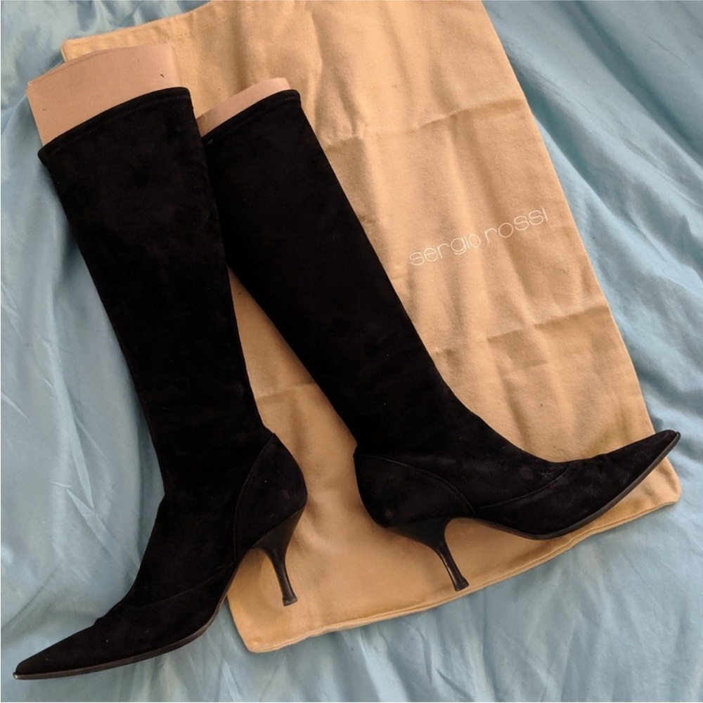 Sergio Rossi Black Suede Knee-High pointed toe Boots vintage 90s